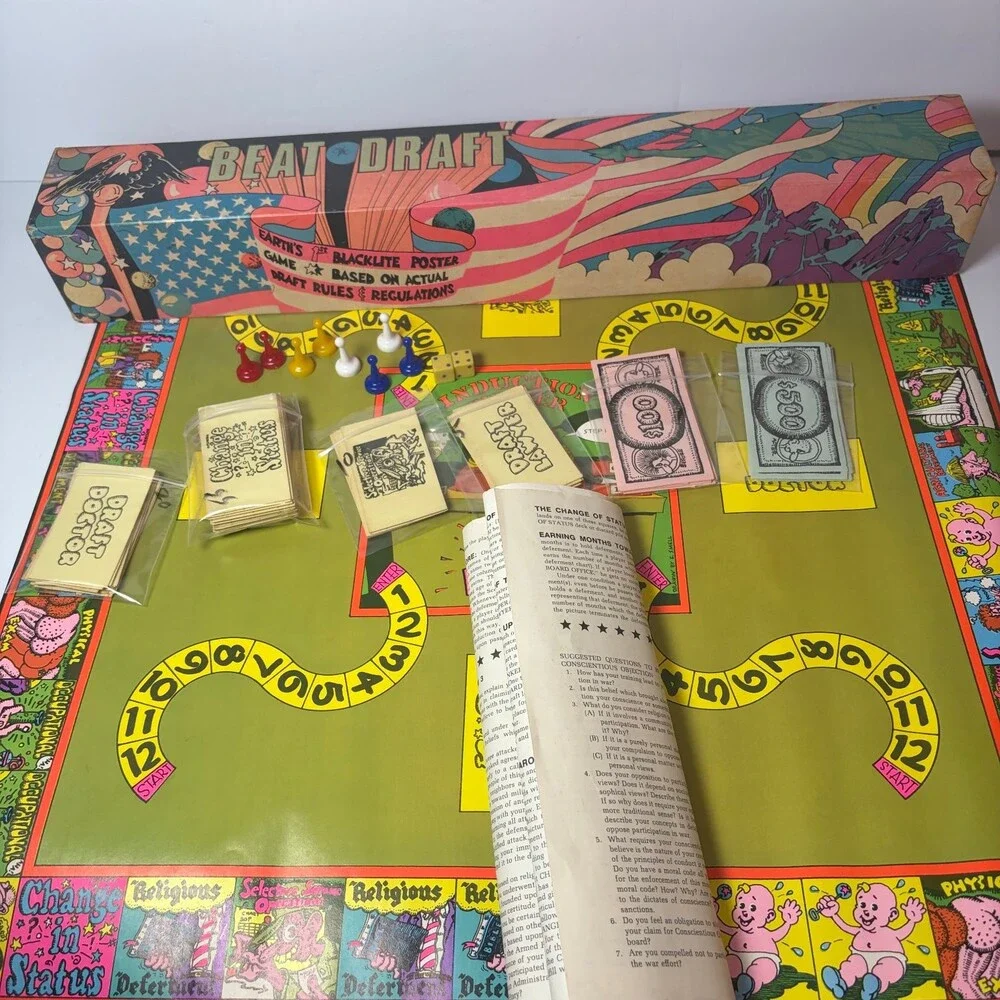 Vintage 1968 Beat the Draft Board Game Anti-War Vietnam Era Blacklite Poster